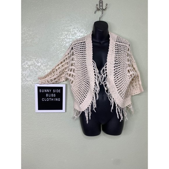 Chico’s Cream Cotton Cardigan with Fringe Size 1 - Picture 1 of 9